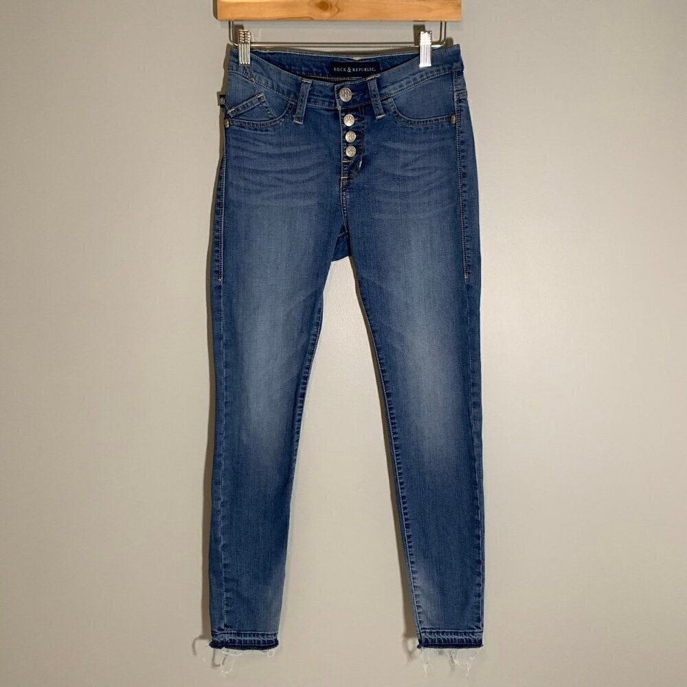 Rock & Republic Kashmiere Skinny Jeans Medium Wash Button Fly Raw Hem‎ Size 2